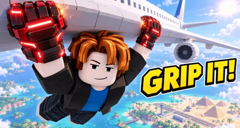 Catch a Plane promotional illustration of a character with red glowing gloves gripping a passenger plane.